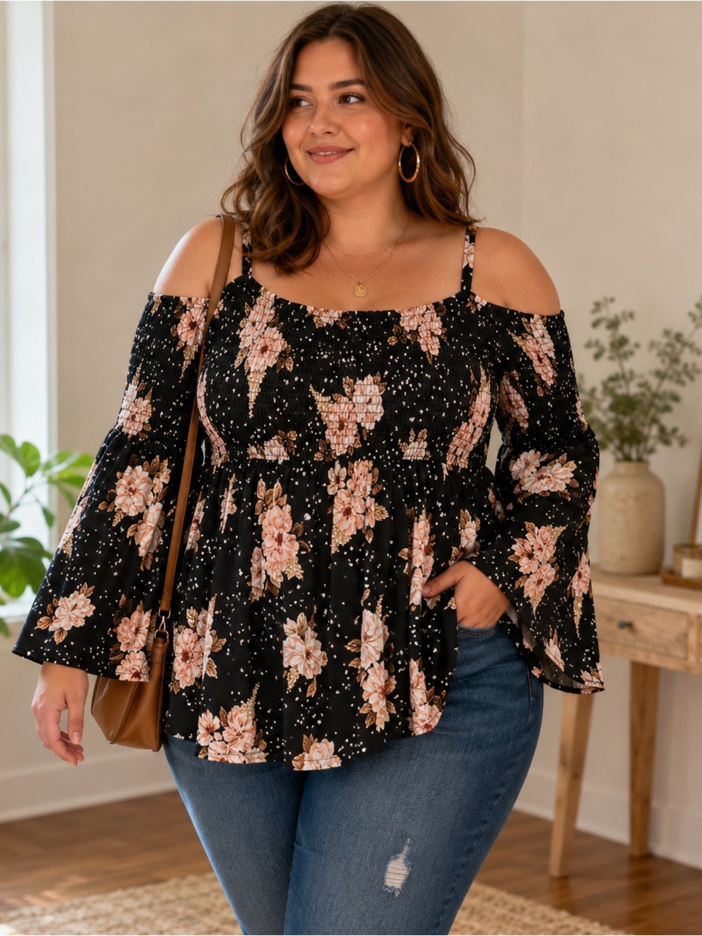 Torrid Black Floral Cold Shoulder Smocked Babydoll Top Size 1 (14/16) or XL